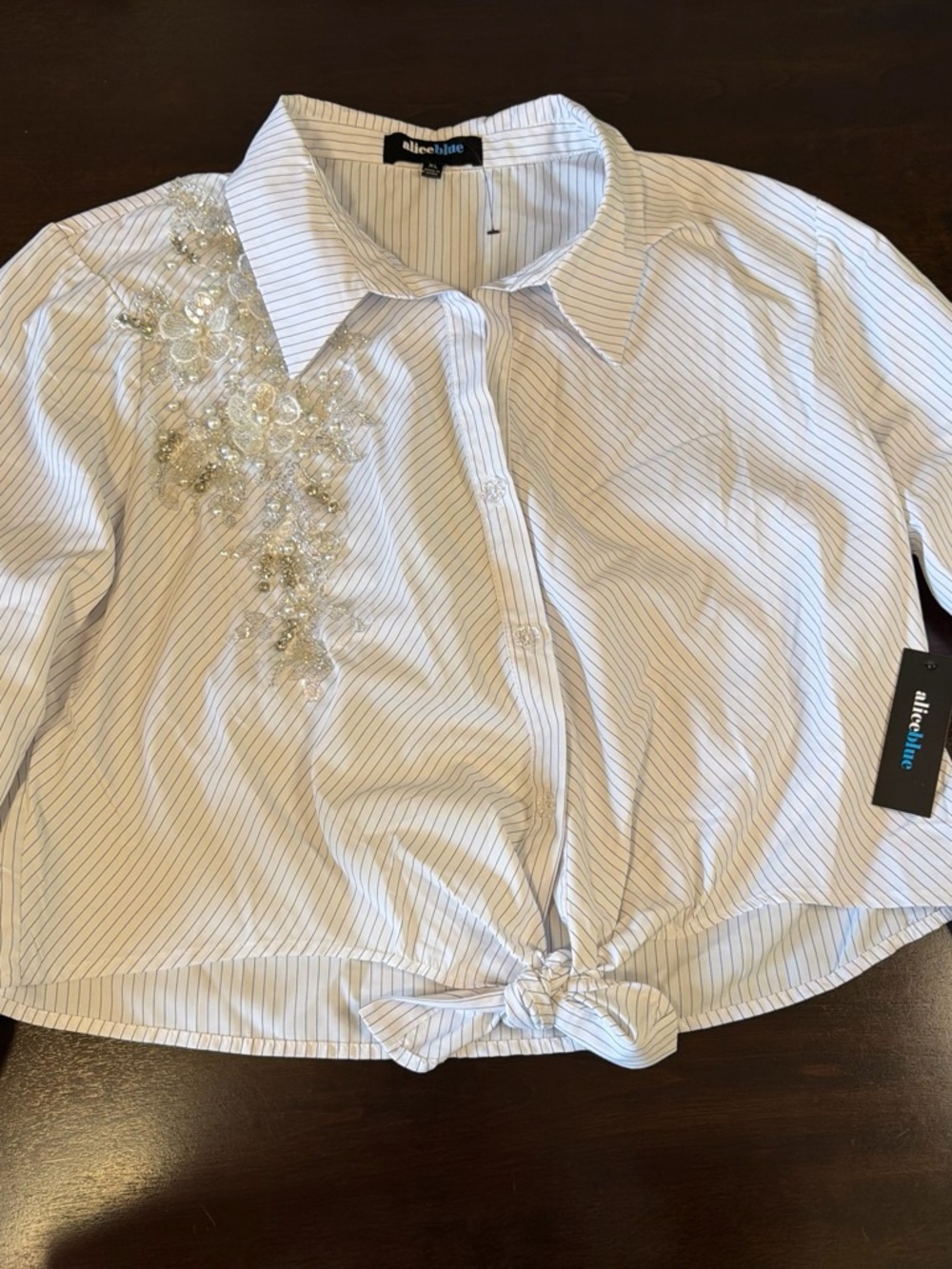 Alice Blue White Pinstripe Button-Front Top with Beaded Embellishment